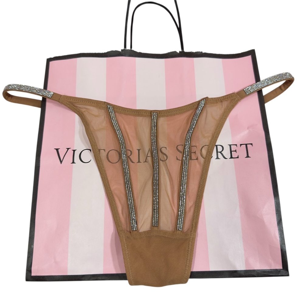 Victoria’s Secret Very Sexy‎ Mesh Thong M | Nude Rhinestone Strap String NWT